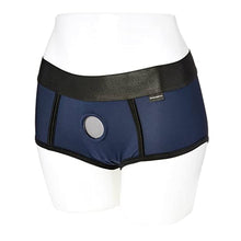 Charger l'image dans la galerie, Mannequin portant le harnais Fit bleu marine de EM.EX par Sportsheets sur fond blanc