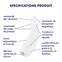 Charger l'image dans la galerie, Stimulateur à succion Curvy 2+ blanc de Satisfyer sur fond avec spécifications du produit