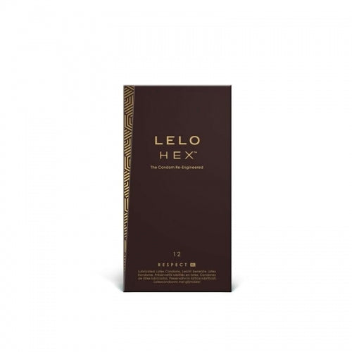 Boîte de douze préservatifs Lelo Hex XL sur fond blanc