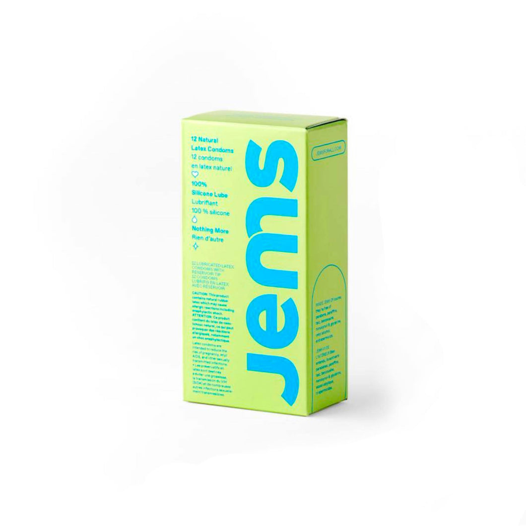 Boîte de douze préservatifs de la marque Jems sur fond blanc