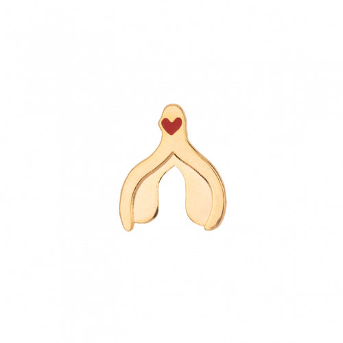 Épinglette Coucou Suzette d'un clitoris doré avec le gland rouge en forme de coeur sur fond blanc