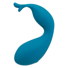 Load image into Gallery viewer, Vibrateur à double stimulation bleu Swan Kiss Squeeze de profil sur fond blanc
